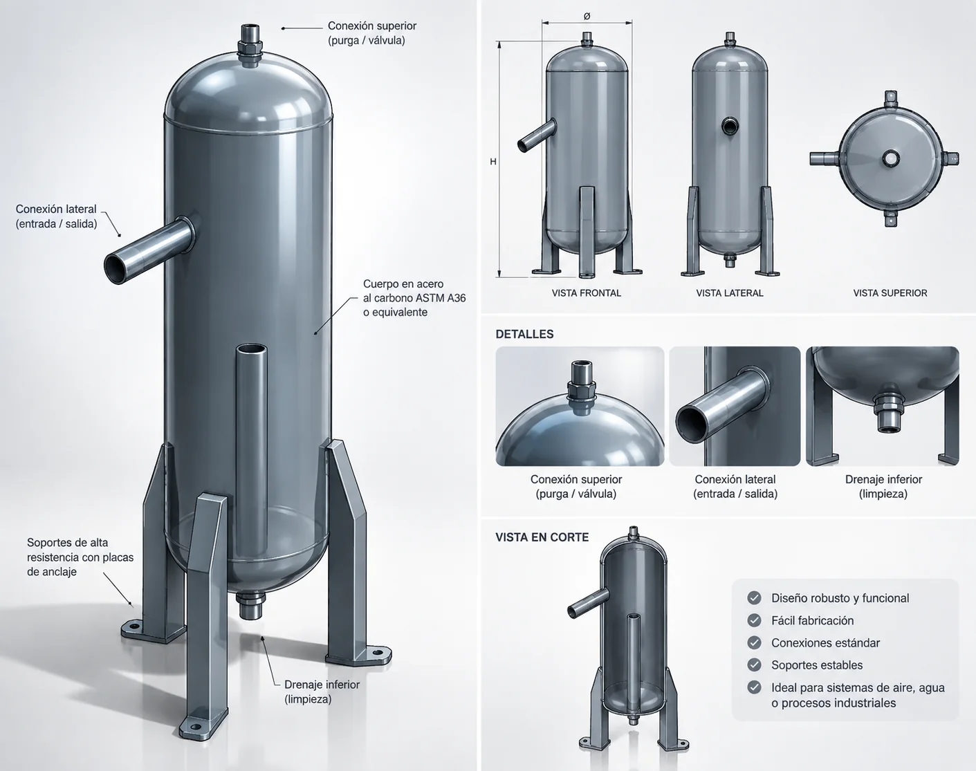Diseño técnico de recipiente industrial